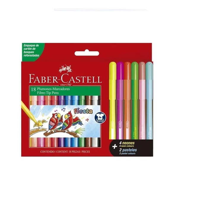 FIBRAS ESCOLARESx18 COLORES LARGAS FABER-CASTELL FIESTA 4 NEON+4PAST