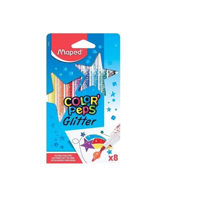 FIBRAS ESCOLARESx 8 COLORES LARGAS CON GLITTER MAPED