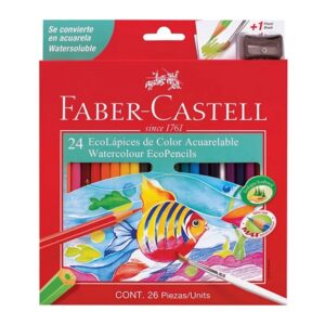LAPICES COLORES 24 LARGOS ACUARELABLES+SACAPUNTAS+PINCEL FABER-CASTELL