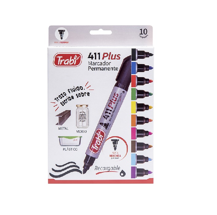 MARCADORES PERMANENTE PUNTA REDONDA 411 TRABI BLISTERx10 COLORES SURTI