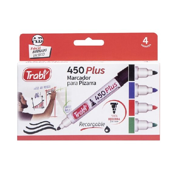 MARCADORES P/PIZARRA PUNTA REDONDA TRABI-450 RECARGABLE BLISTERx4 SURT
