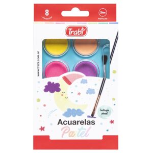 ACUARELAS PALETA  8 COLORES PASTEL+PINCEL TRABI CAJA RIGIDA GRANDES