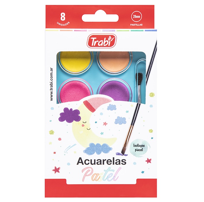 ACUARELAS PALETA 8 COLORES PASTEL+PINCEL TRABI CAJA RIGIDA GRANDES